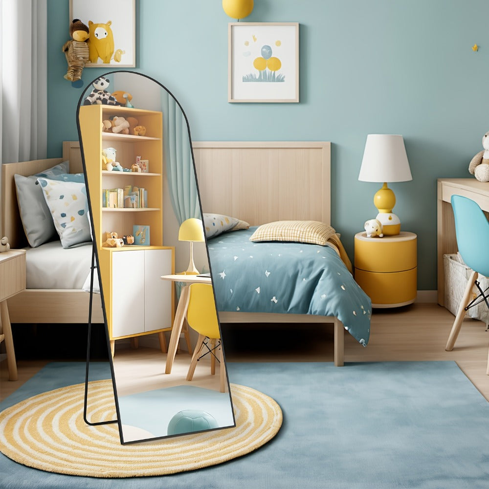 Full Length Mirror 59¡±x16¡± Arched Leaning Wall Mirror, Aluminum Alloy Thin Frame, Vertical or Tilted, Black & Gold