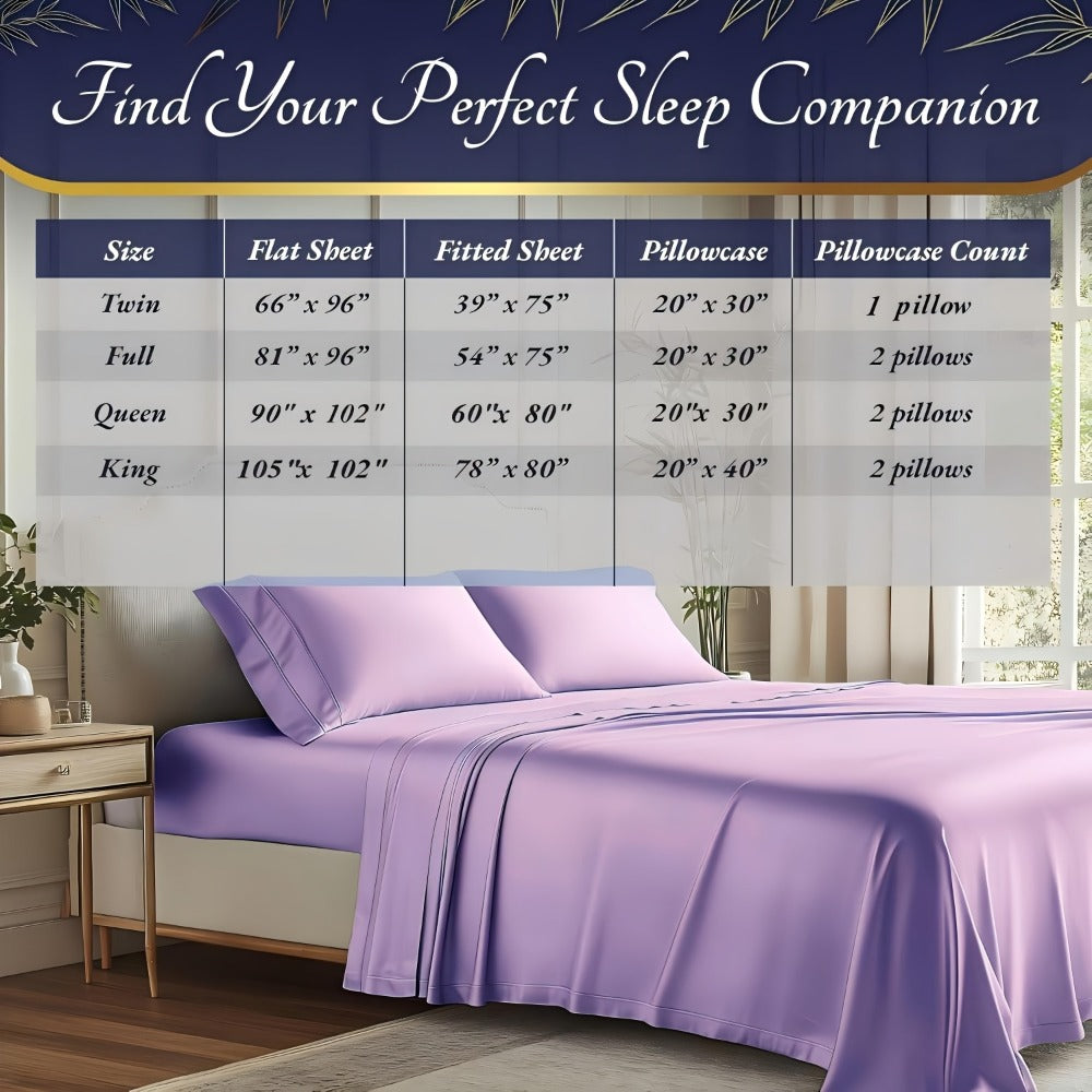 Bamboo Cooling Bedding Set 4pcs - Deep Pocket Fitted Sheet, Flat Sheet & Pillowcases for Hot Sleepers, Breathable Soft Viscose Sheets Twin Full Queen King
