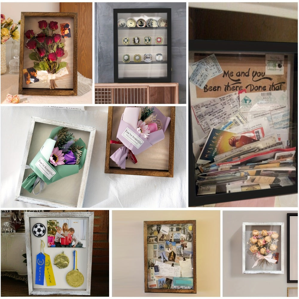 Shadow Box Frame 11x14 with 4 Removable Shelves - Large Deep Display Case for Medals Coins Pins Photos Flowers Keepsakes, Wall Hanging Memory Box for Collections, Black White Brown