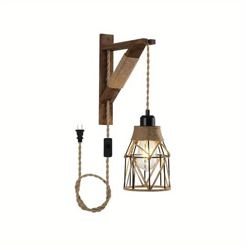 Plug In Wall Sconces Set of 2 or 1 ¨C Rustic Farmhouse Wall Lamp with Metal Cage & Wooden Bracket, Plug-Into-Outlet Hanging Light for Bedroom, Living Room & Headboard