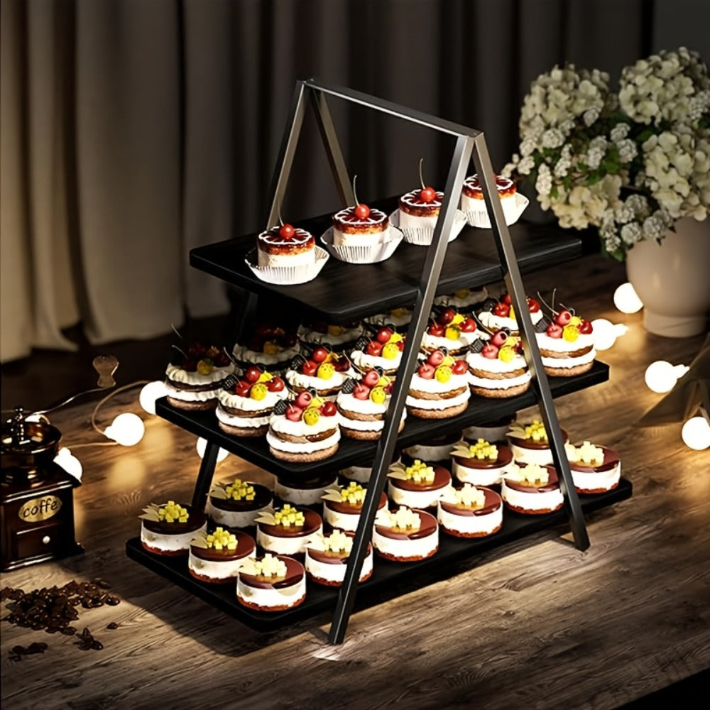 3-Tier Wooden Cupcake Stand ¨C Holds 50 Cupcakes, Dessert Display Rack for Wedding, Birthday Party & Halloween, Rustic Wood Cake Stand in Black, White & Brown