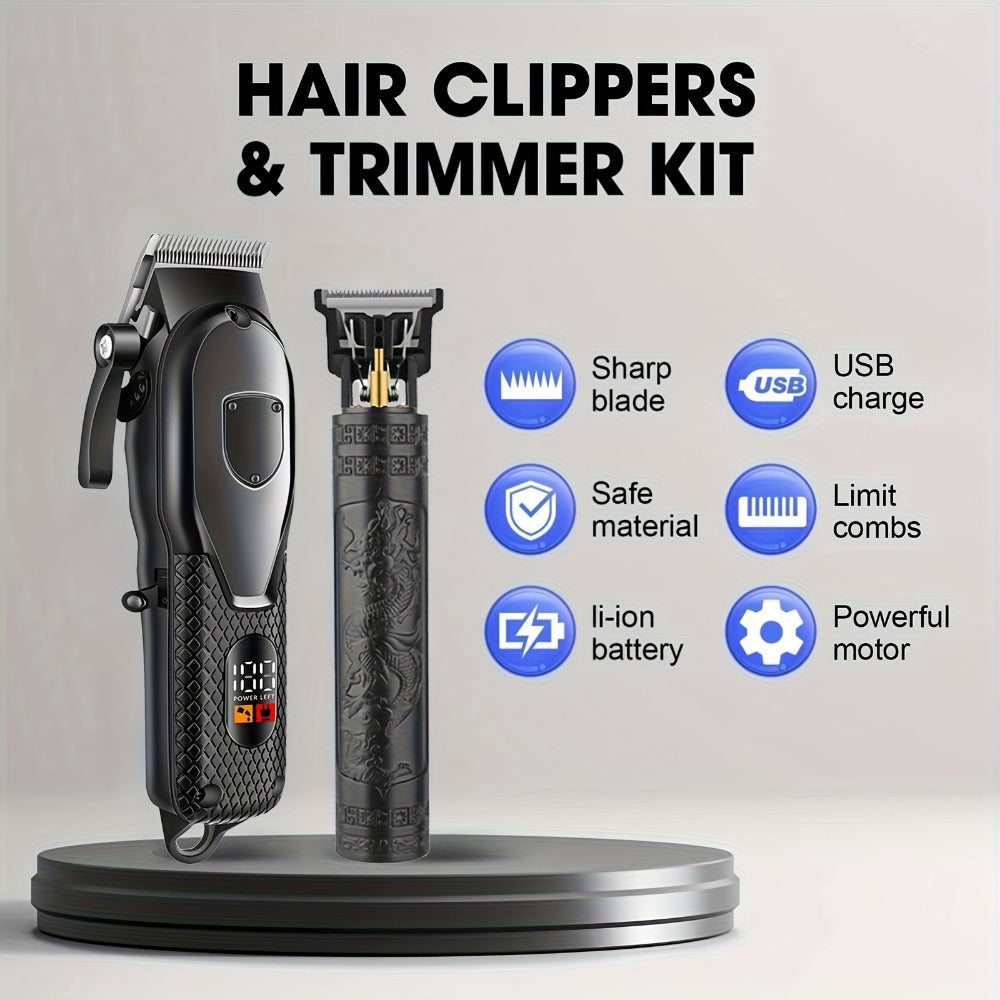 Electric Hair Clipper Set with LCD Screen - USB Rechargeable Hair Trimmer Kit with T-Blade, Guide Combs, Nose Hair Trimmer, Professional Grooming Kit for Men & Women, Home & Barber Shop Use
