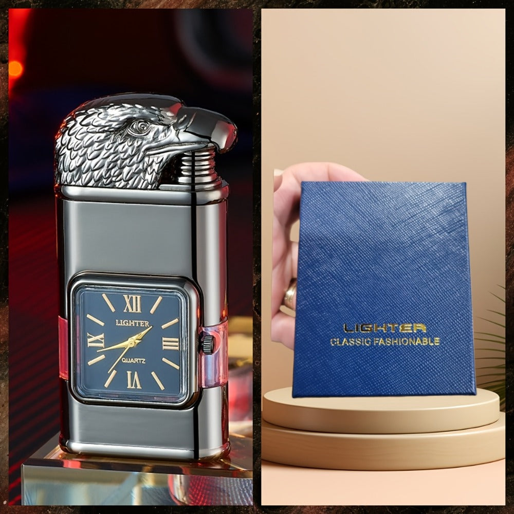 Double Flame Windproof Lighter Creative Retro Metal Lighter Dragon Eagle Gun Shape Quartz Dial Portable Outdoor Lighter Men Gift Box Butane Gas Not Included