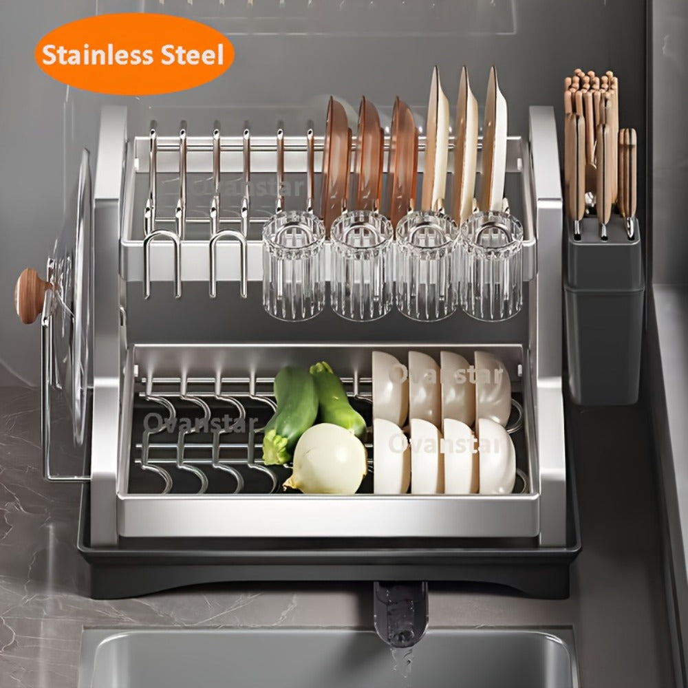 Stainless Steel 2-Tier Dish Rack with Auto Drainage | Rust-Resistant Kitchen Drying Rack for Dishes, Bowls, Cups & Utensils