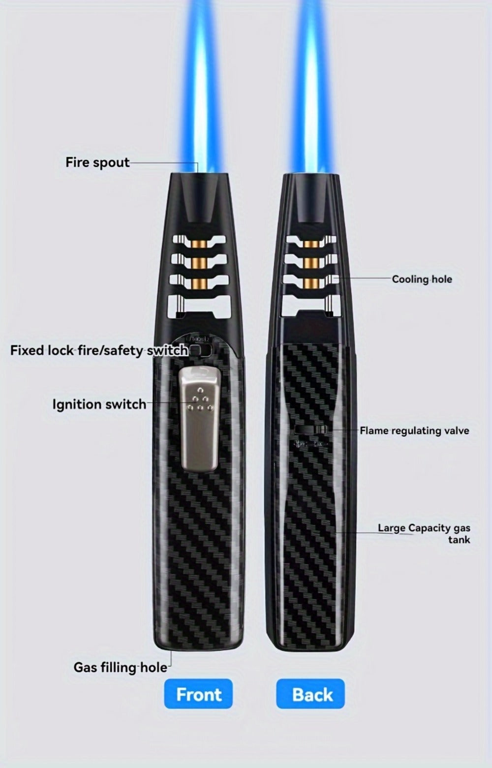 Kitchen Torch Lighter Carbon Fiber Windproof, Adjustable High-Temperature Flame with Safety Lock, Refillable Butane Culinary Torch for Baking, Creme Brulee, Caramel, Welding & Outdoor Use ¨C Black & Gray (Butane Not Included)