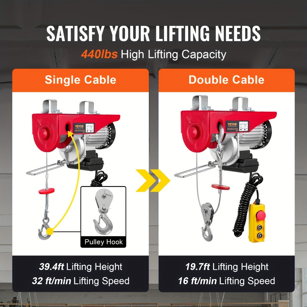 Electric Hoist 440 lb Garage Hoist Winch 120V ¨C 220 lb Single Rope / 440 lb Dual Rope, 40 ft Lift Height, Solid Copper Motor, Emergency Stop Switch, 5.25 ft Corded Control for Garage, Workshop & Construction
