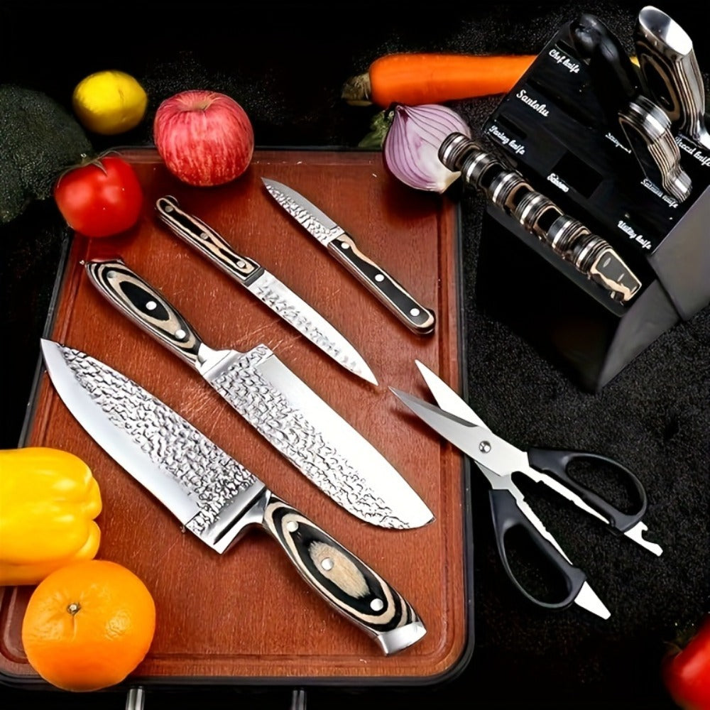 Kitchen Knife Set 15 Piece ¨C Chef Knife Block Set with Self-Sharpening Wooden Block, Steak Knives & Hammered Stainless Steel Blades, Perfect Gift for Home Cooks & Men