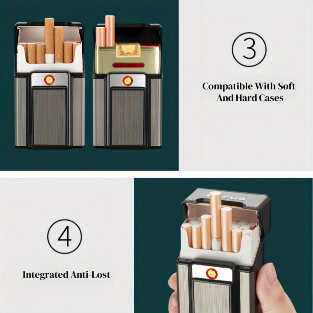 Cigarette Case with Built-in USB Rechargeable Lighter, Tungsten Filament Windproof Electric Igniter, One-Button Pop-Up, Holds 20 Cigarettes, Compatible with Soft & Hard Packs ¨C Travel Cigarette Holder