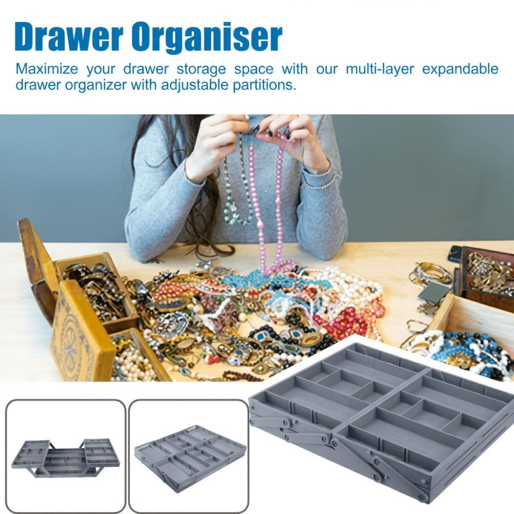 Collapsible Drawer Organizer Box, Double Row Expandable Desk & Drawer Storage with ABS Material, Jewelry Cosmetics Home Office Organizer