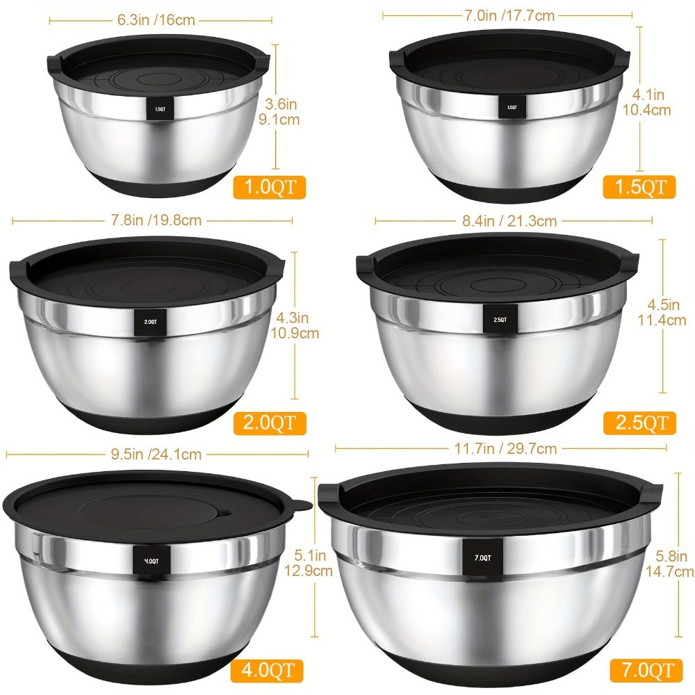 Mixing Bowls Set with Airtight Lids ¨C 26pcs Stainless Steel Bowl Set with 3 Grater Attachments, Non-Slip Bottoms, Sizes 1¨C7QT ¨C Kitchen Bowls for Mixing, Serving, Baking & Meal Prep