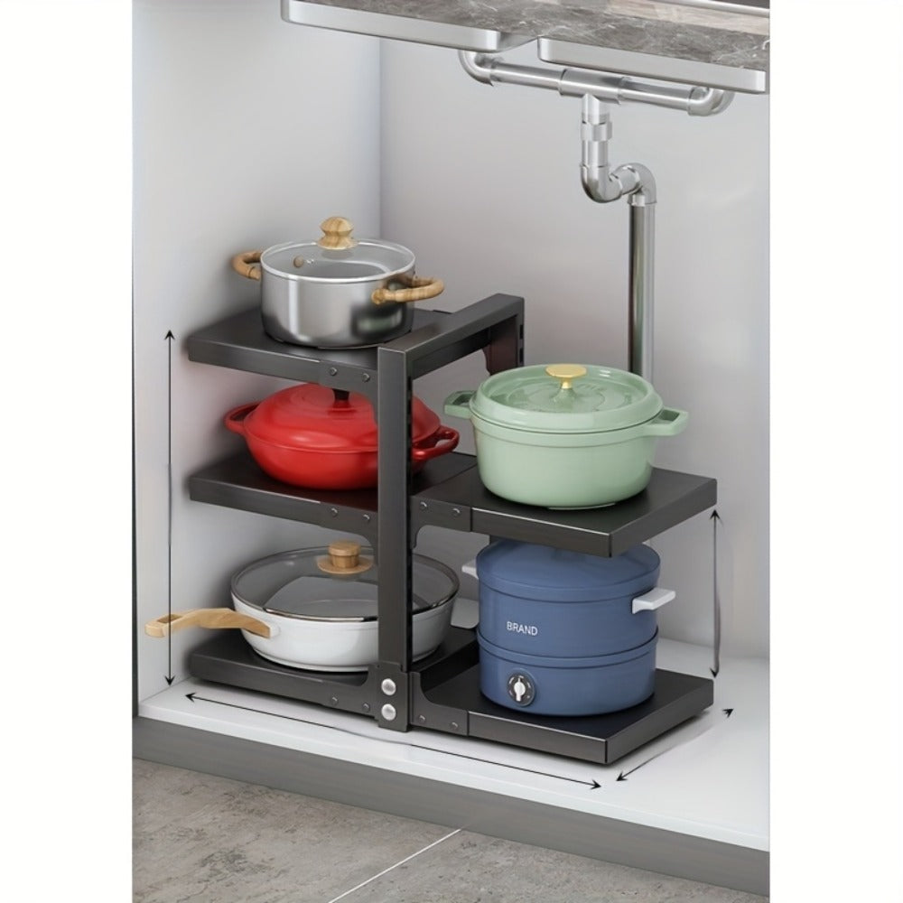 Kitchen Storage Rack Multi-Tier Adjustable - Drain Organizer for Pots Pans and Cutlery with Paint Finish, Floor Standing or Wall Mountable Pot Rack for Kitchen Counter and Cabinet, Available in 2 to 7 Tiers in Black White and Grey