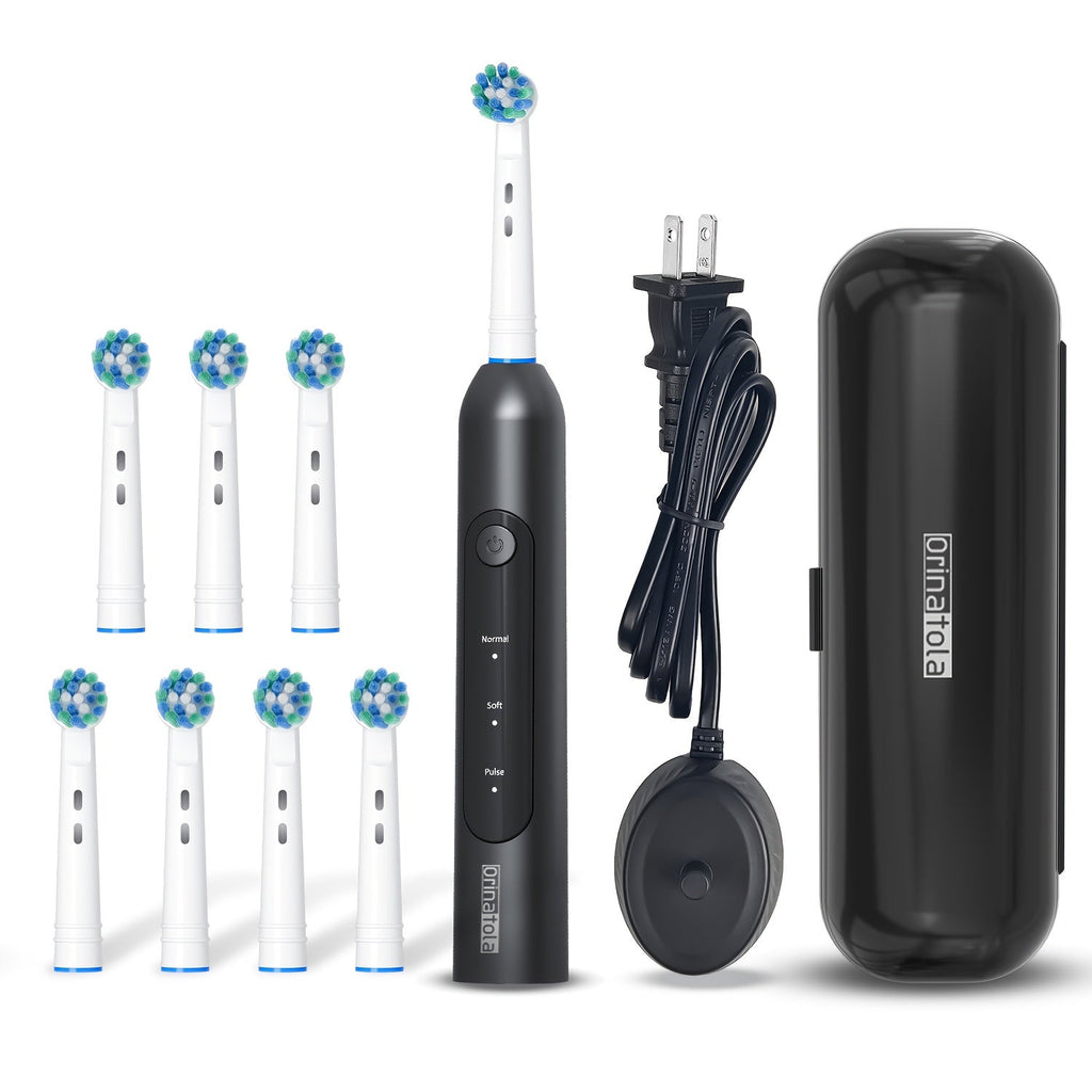 Rotating Electric Toothbrush with 8 Replacement Heads ¨C Wireless Induction Charging, 3 Cleaning Modes, IPX7 Waterproof, Oral Care Gift for Family, Friends & Parents ¨C Blue, Purple, Black