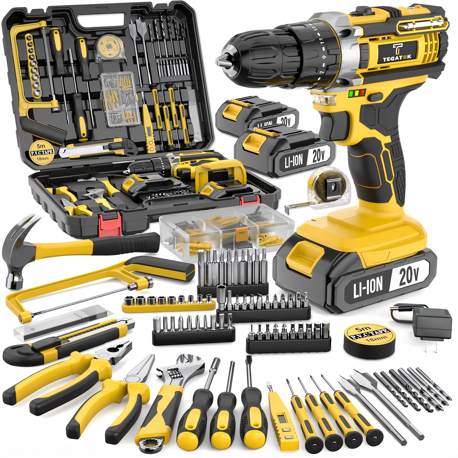Cordless Drill Set 20V - Tegatok Impact Drill Kit with 45Nm Torque, 23-Speed Settings, LED Light, 2.0Ah Battery & Fast Charger, 58/136/145pcs Accessories for Home Renovation, Woodworking & Metal Drilling