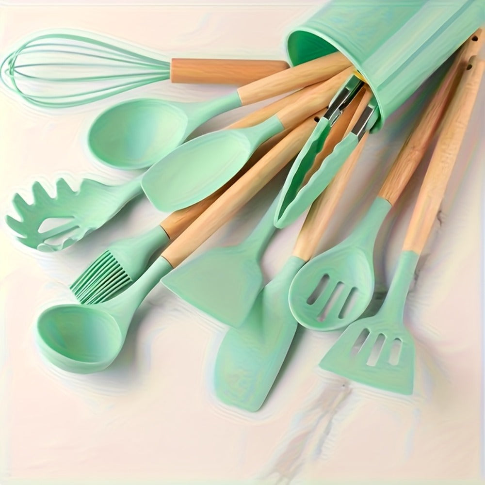 Silicone Kitchen Utensil Set 13 Piece with Wooden Handles Non-Stick Safe Heat Resistant Cooking Tools Spatula Spoon Ladle Set for Cooking Baking Dorm Essentials