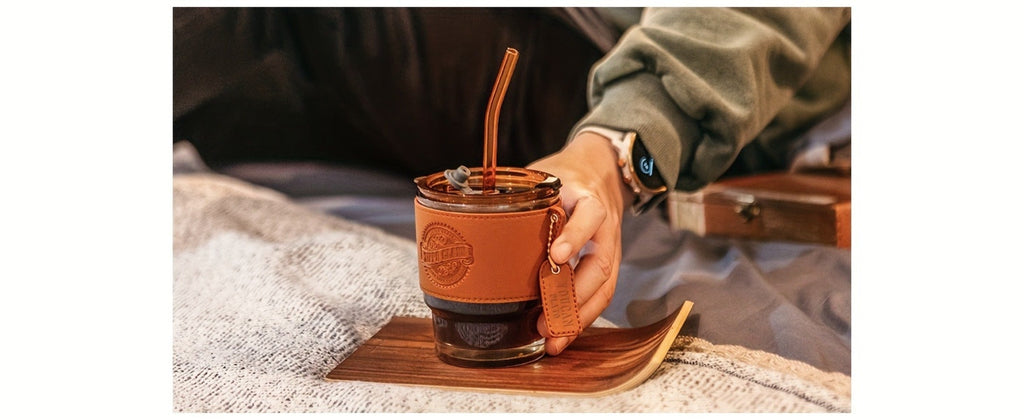 Glass Coffee Cup with Straw 14 Oz ¨C BPA-Free Glass Travel Mug & Water Bottle for Men & Women ¨C Tumbler for Coffee, Juice & Office Use ¨C Easy to Clean ¨C Brown & Dark Green