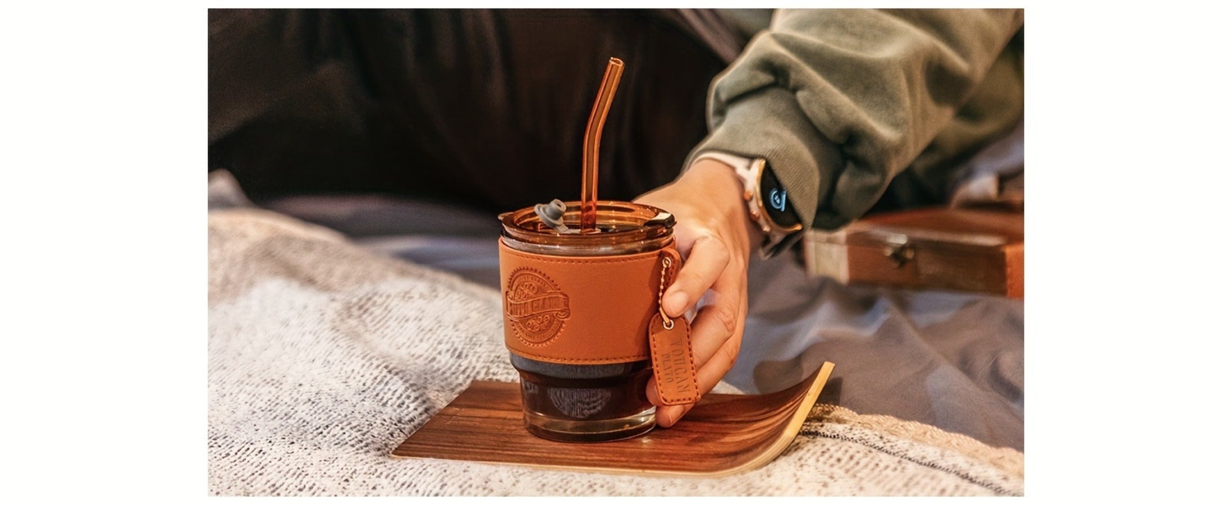 Glass Coffee Cup with Straw 14 Oz ¨C BPA-Free Glass Travel Mug & Water Bottle for Men & Women ¨C Tumbler for Coffee, Juice & Office Use ¨C Easy to Clean ¨C Brown & Dark Green