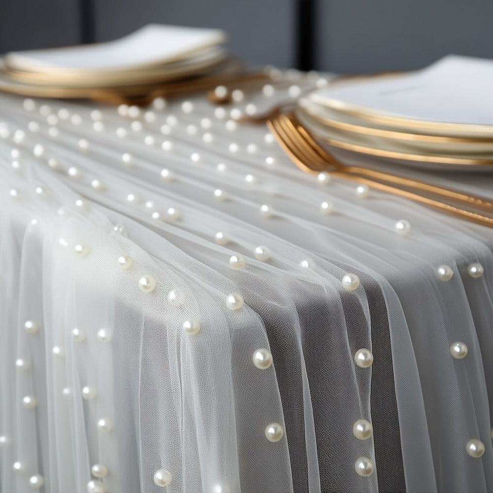 White Pearl Beaded Tulle Table Runner 2.5¡Á9.8ft | Wedding Ceremony Backdrop, Birthday Party & Valentine's Day Romantic Decor, Sheer Mesh Fabric 3PCS
