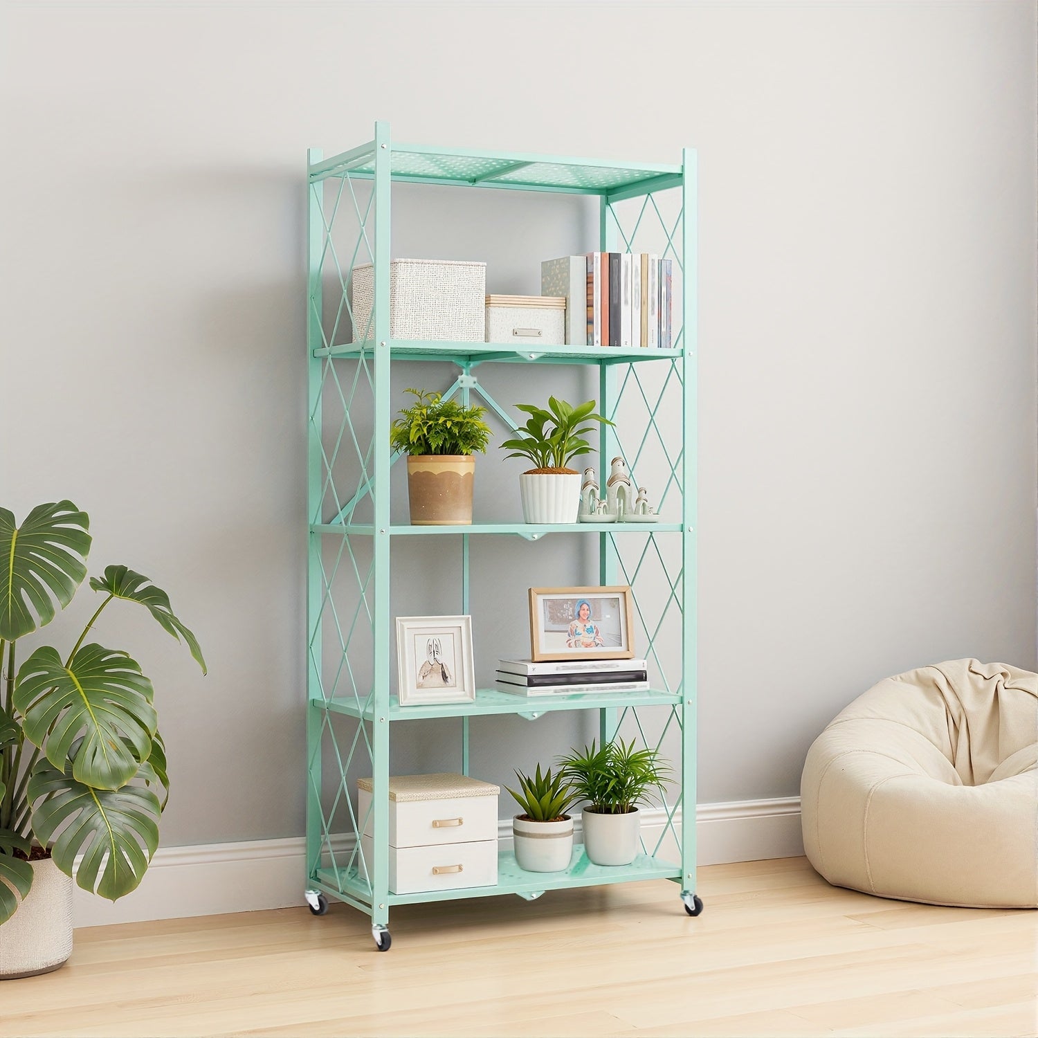 Foldable Storage Rack with Lockable Wheels 3 4 5 Tier Carbon Steel No Assembly Space Saving Floor Standing Shelf for Bedroom Balcony Garden