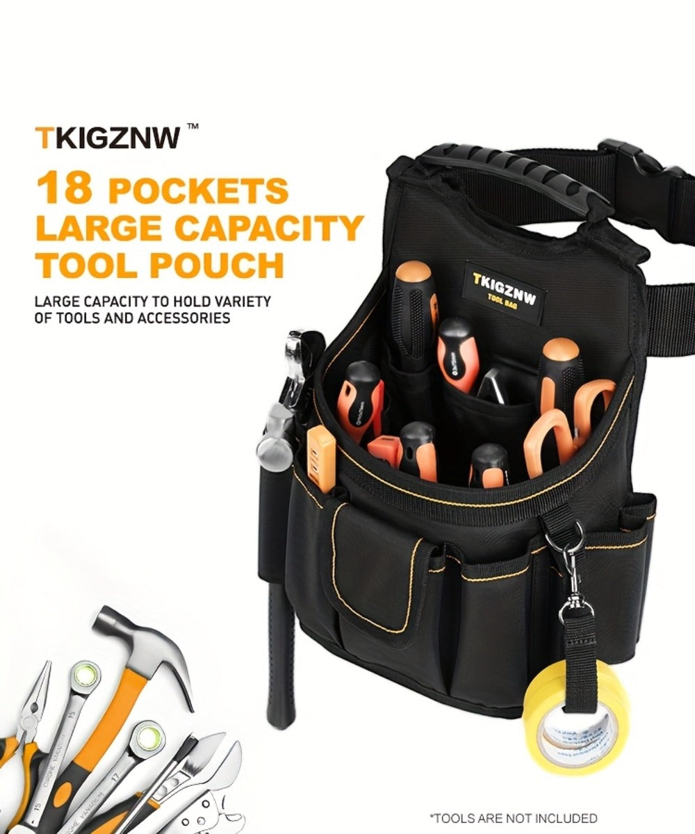 Tool Belt Bag Heavy Duty - 18-Pocket Large Capacity Tool Organizer Pouch with Wide Mouth Opening, Heavy-Duty Polyester for Construction, Plumbing, Electricians, DIY Projects & Professional Home Use