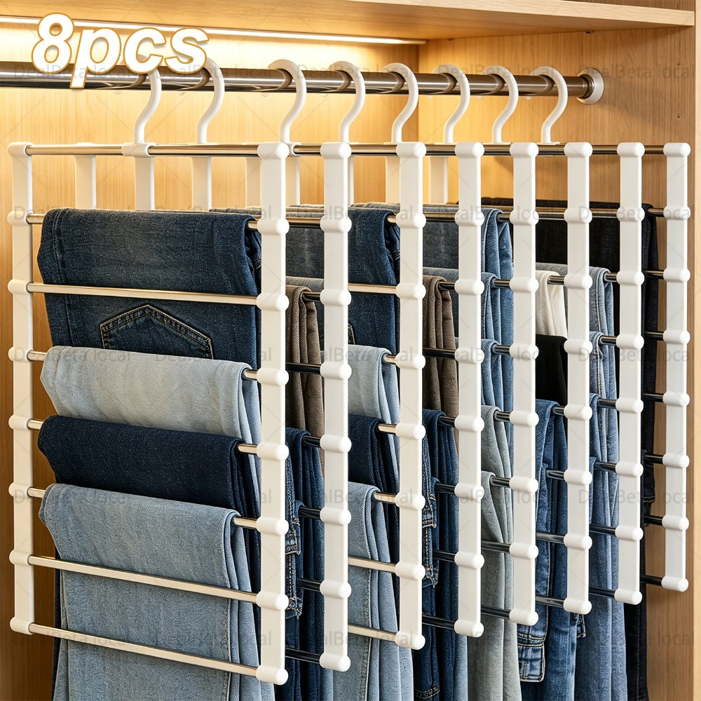 Pants Hangers Foldable Multi-Layer Stainless Steel | Non-Slip Space Saving Closet Organizer for Jeans Leggings Scarves Trousers | 4 or 8 Pack Clothes Rack Hanger