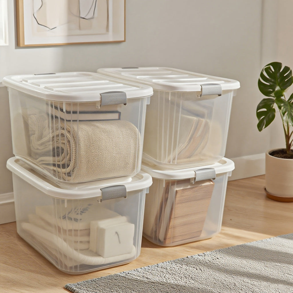 Stackable Storage Bins with Lids 4 Pack Clear Plastic Lidded Containers 46QT Large Organizer Boxes for Pantry Kitchen Bathroom Office Bedroom Closet Garage Seasonal Holiday Storage