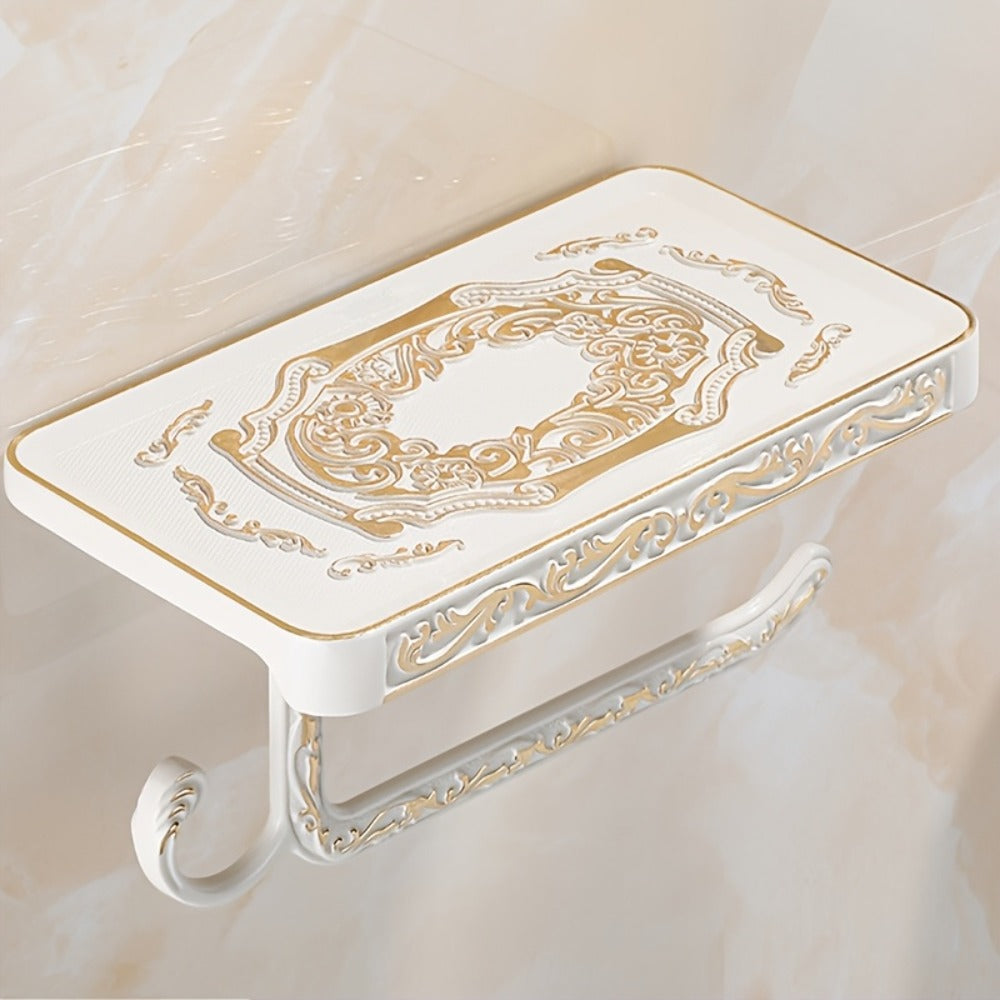 Toilet Paper Holder with Shelf Antique Brass Vintage Wall Mounted - Self-Adhesive No Drill Tissue Roll Dispenser with Storage Ledge, Elegant Bathroom Accessory in Golden & White, 1pc or 2pcs