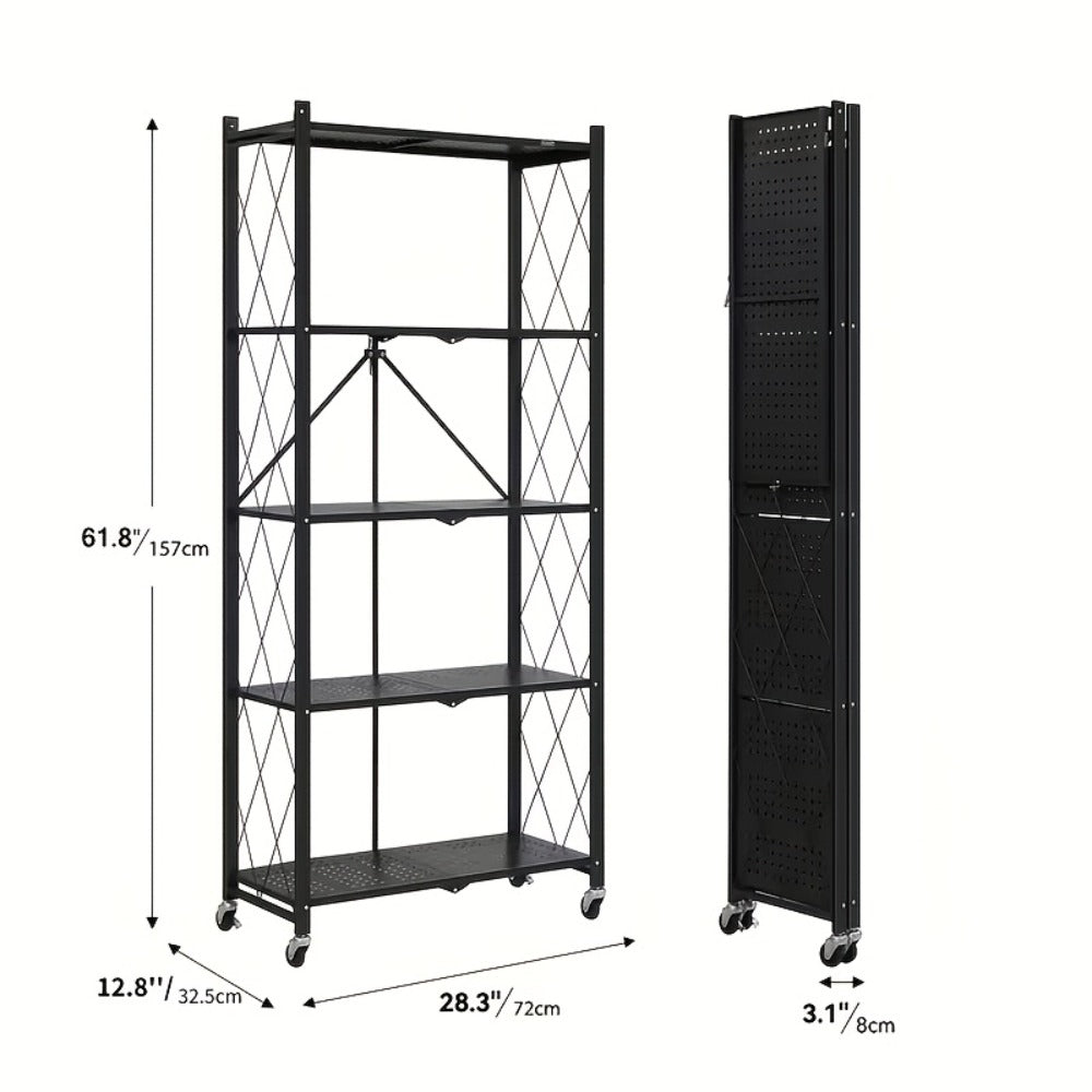 Storage Rack 3-5 Tier Foldable Shelving Unit with Wheels - Portable Multi-Layer Floor Standing Utility Shelf Organizer for Bedroom Closet Kitchen Office Black White