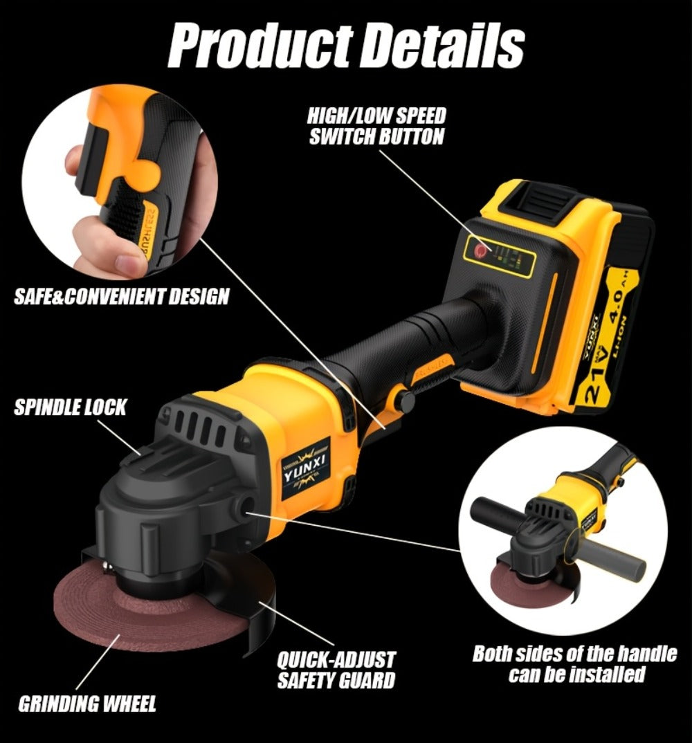 Cordless Angle Grinder - Rechargeable Polishing Machine with Lithium-Ion Battery, Fast Charger & Complete Accessories Kit, Variable Speed for Cutting, Grinding, Polishing & Sanding, Multi-Use Power Tool