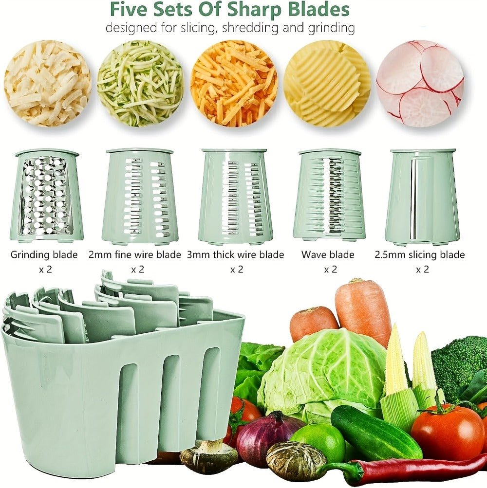 Rotary Cheese Grater with Interchangeable Blades ¨C 5-in-1 Manual Vegetable Slicer Shredder Set, Suction Cup Base, Easy to Clean, Multifunctional Kitchen Tool for Fruits, Vegetables & Nuts