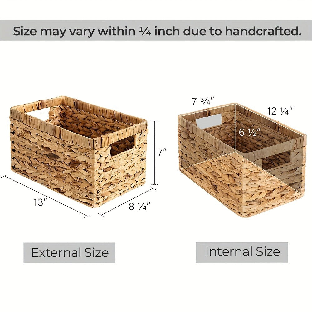 Wicker Storage Basket with Built-in Handle, Natural Rattan Boho Stackable Shelf Organizer Bin for Bathroom Bedroom Living Room Kitchen Closet Home Decor