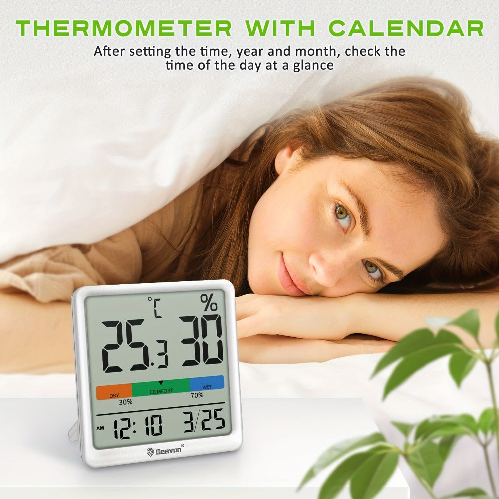 Indoor Thermometer Hygrometer Digital | Accurate Temperature Humidity Monitor with Clock & Calendar | Desktop Room Humidity Gauge for Home Office Bedroom Baby Room