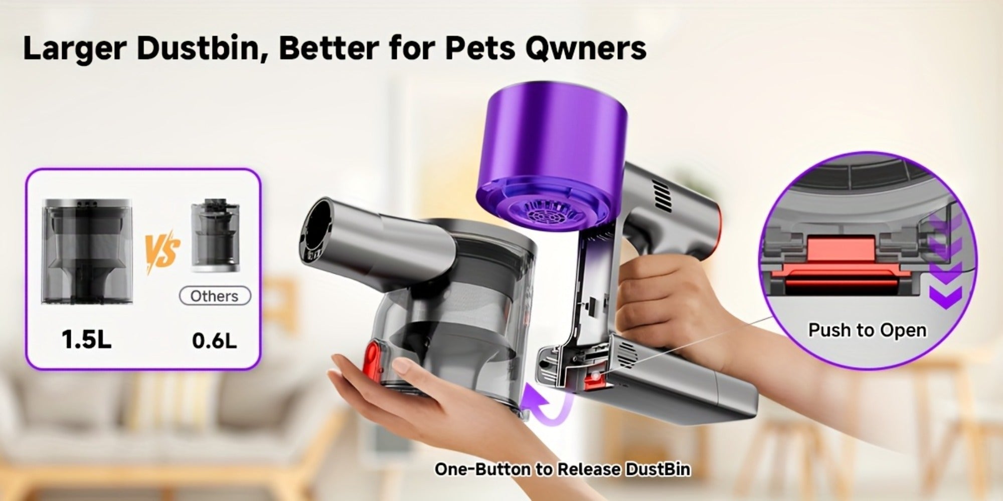 Cordless Vacuum Cleaner 58Kpa Strong Suction 6-in-1 Rechargeable Stick Vacuum with LED Electric Floor Brush Self-Standing Handheld Lightweight for Carpet Hard Floor Pet Hair Home Car