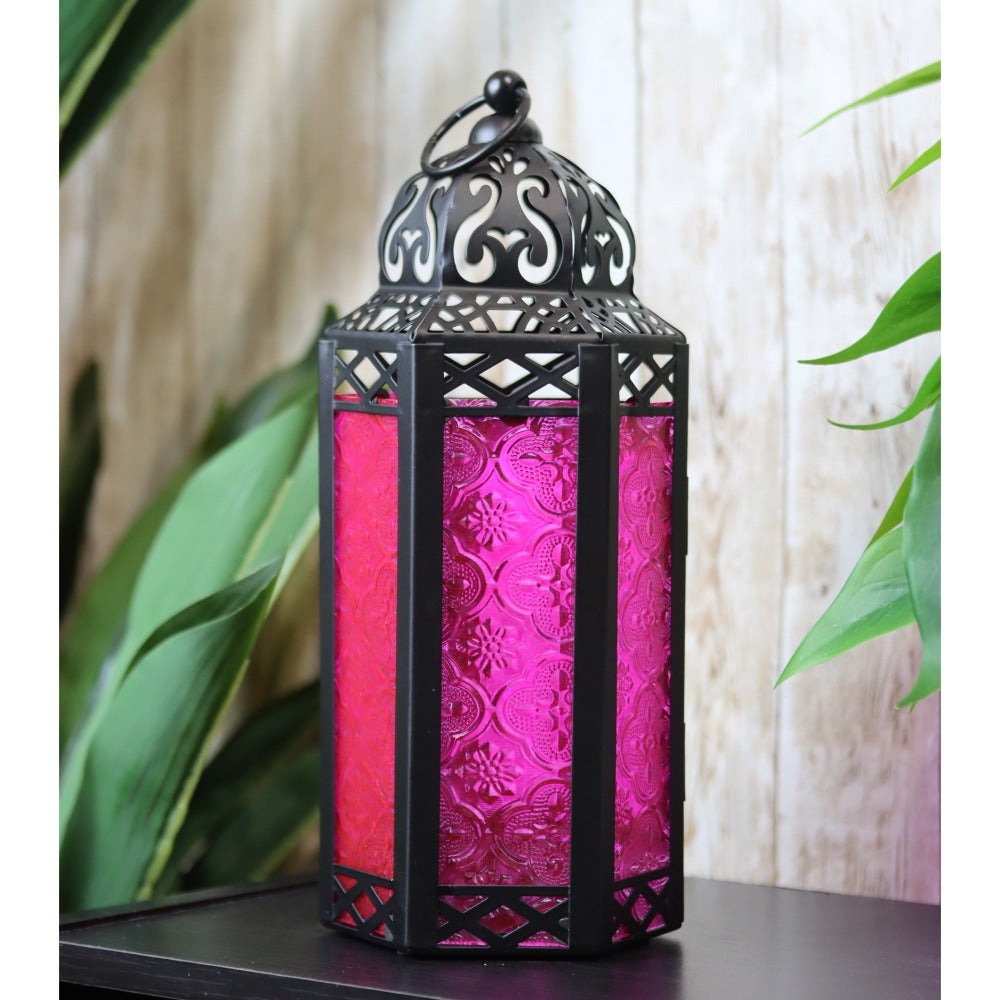 Moroccan Candle Lantern Holder - Decorative Metal & Glass Lantern with Embossed Floral Design for Indoor Home Decor, Garden, Patio, Weddings, Ramadan, Halloween & Holiday Celebrations - 10.5¡± Tall Medium Size