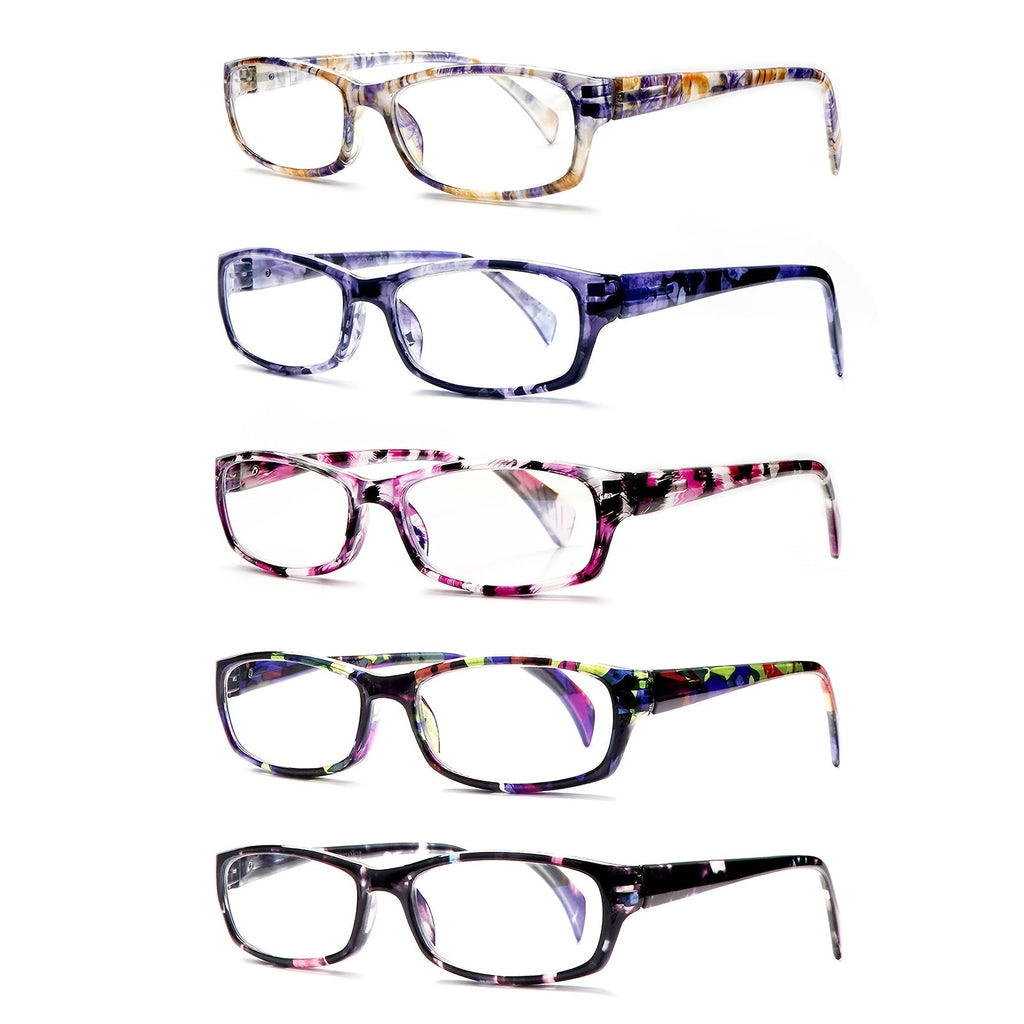 Reading Glasses 5 Pack for Women and Men Blue Light Blocking Readers Rectangular Spring Hinge Frame Anti Eyestrain Computer Reading Glasses Lightweight Fashionable Multi-Color Set Magnification 1.0 to 4.0