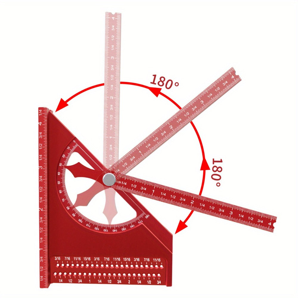 Adjustable 3D Carpentry Square Set 180¡ã Rotating Aluminum Alloy Triangle Ruler T-Square with Scribing Holes Red Black Markings Woodworking Measurement Tool