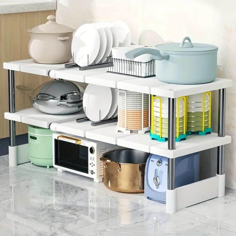 Under Sink Organizer Adjustable - Stainless Steel and Plastic Cabinet Storage Shelf for Kitchen and Bathroom, Space Saving Single Layer Rack for Pots Cleaning Supplies and Toiletries, Multi-Functional Under Cabinet Organizer and Storage