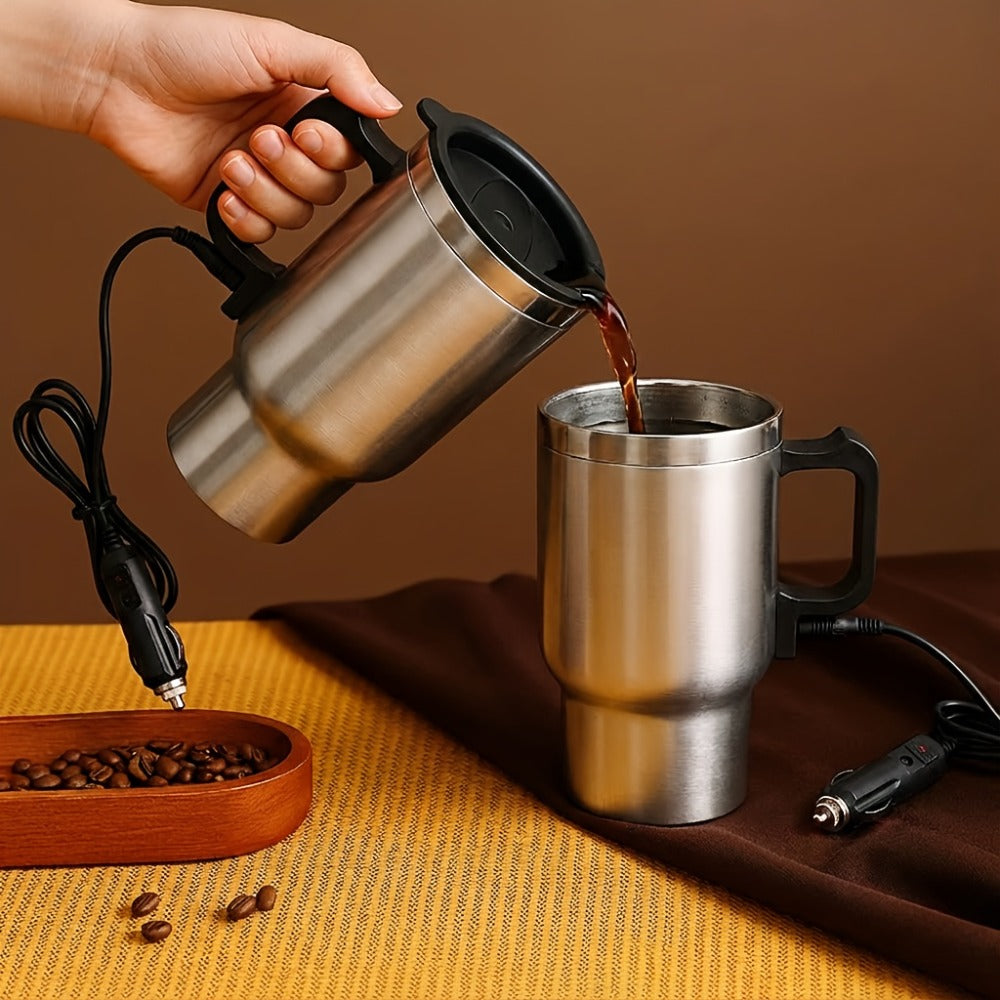 Car Electric Kettle 12V - Portable Stainless Steel Travel Hot Water Heater Cup for Tea Coffee, 15.22oz Fast Boiling, Camping Road Trip Office Vehicle Use