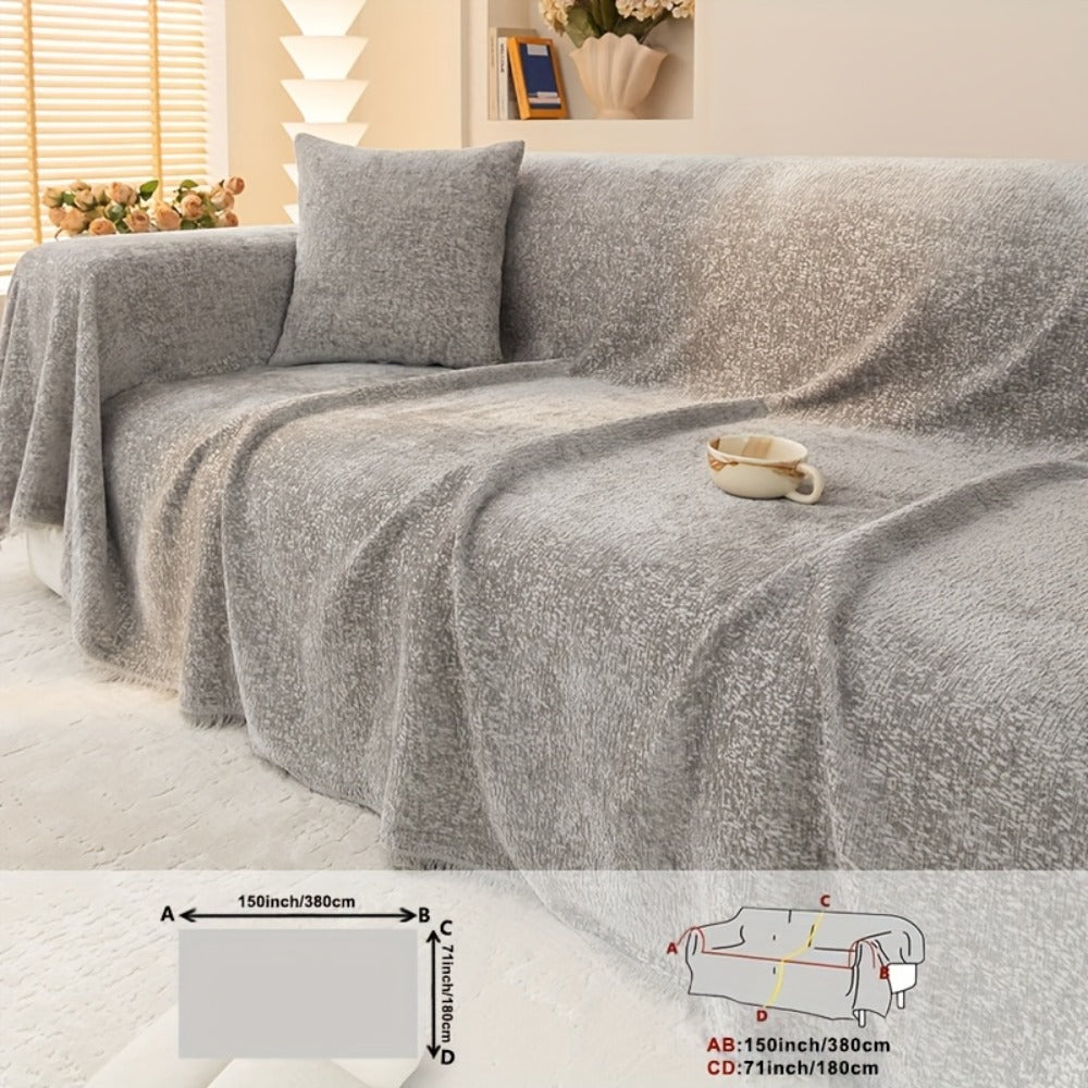 Chenille Sofa Cover with Fringe 300GSM - Super Soft Pet Friendly Solid Couch Slipcover for Single 2 4 Seater Living Room Decoration, 4 Colors