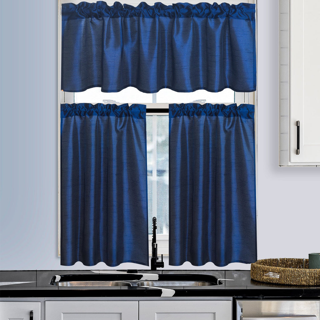 Kitchen Curtains 3 Panels Faux Silk Sheer Tier and Valance Set Rod Pocket 2 Tiers 26x36 inch + Valance 52x14 inch for Kitchen Bathroom Window Drapes