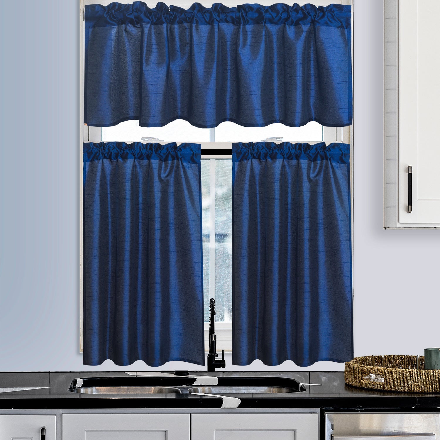 Kitchen Curtains 3 Panels Faux Silk Sheer Tier and Valance Set Rod Pocket 2 Tiers 26x36 inch + Valance 52x14 inch for Kitchen Bathroom Window Drapes