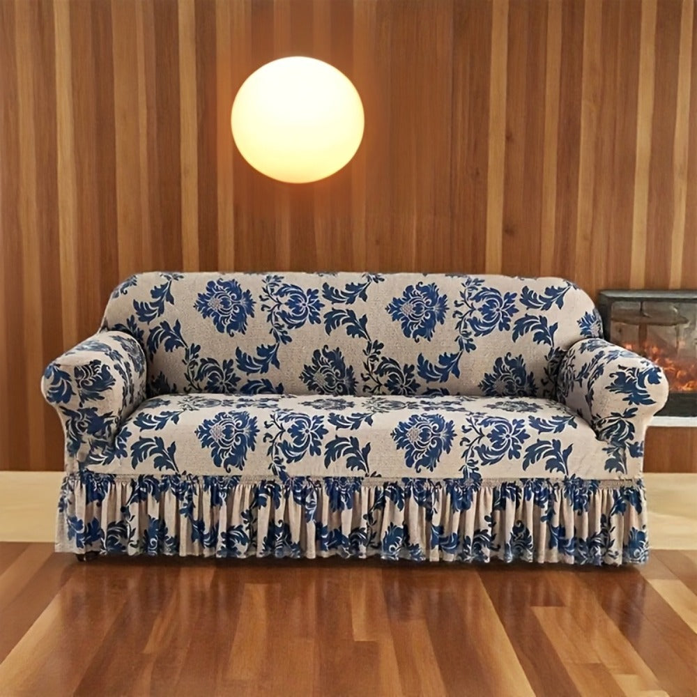 Stretch Sofa Cover with Skirt Design High Elasticity Anti-Slip Fixing Rod All Season Printed Slipcover Fits 1 2 4 Seater Sofa - Dark Blue with Matching Pillowcase