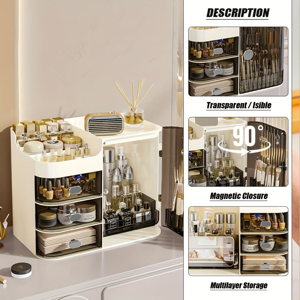 Makeup Organizer with 3 Drawers and Mirror - Large Capacity Cosmetic Storage Box Vanity Organizer for Skincare Contact Lens Display Case Bathroom Counter Organizer | Transparent Black Cream White