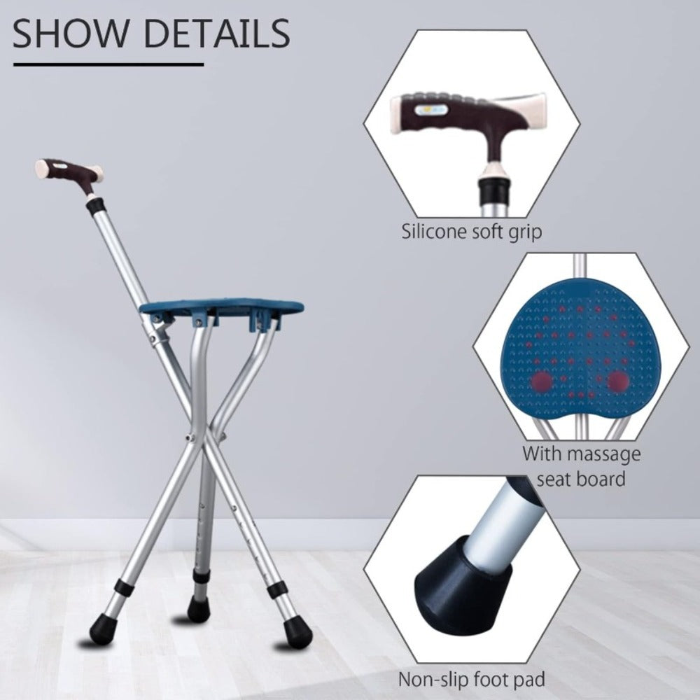 Folding Cane with Seat 440 lbs Capacity, LED Light Telescopic Walking Stick with Height Adjustment & Frosted Handle, Portable Foldable Cane Stool for Seniors Adults