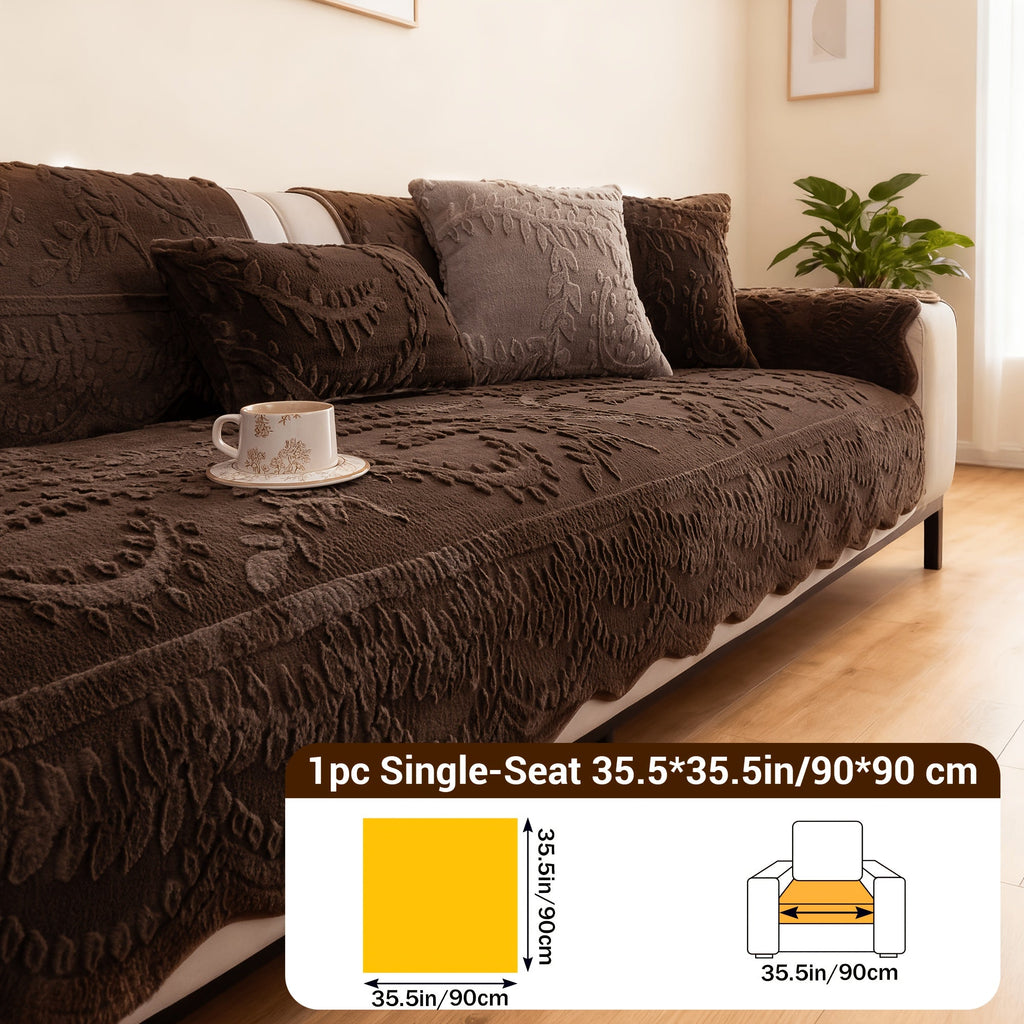Faux Rabbit Fur Plush Sofa Cover Non-Slip | Thickened Quilted Couch Cushion, Machine Washable Pet Friendly, 1 to 4 Seat Armrest Backrest, White Light Grey Brown, Home Winter Decor