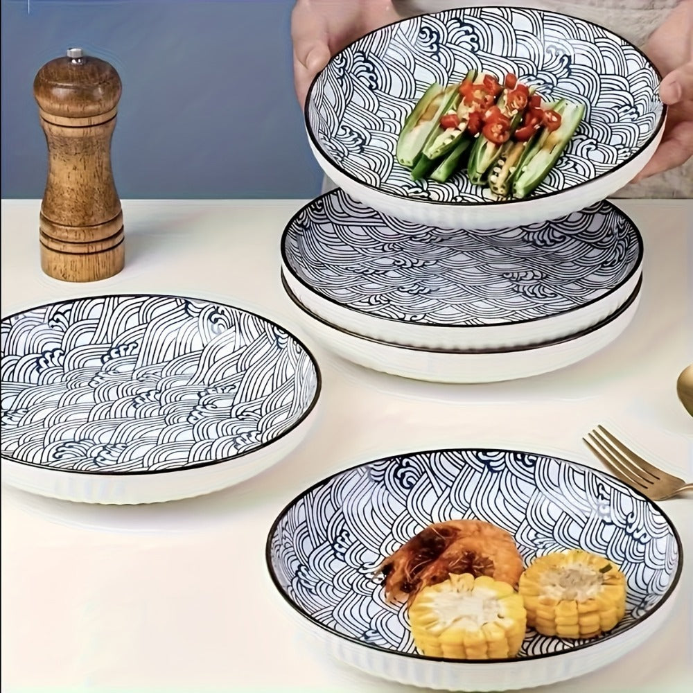Japanese Ceramic Plates Set of 4 ¨C Floral Yamada Pattern Dinnerware, 7-Inch Round Serving Plates with Non-Slip Edge, Underglaze Color, Nordic Style Steak & Salad Dish