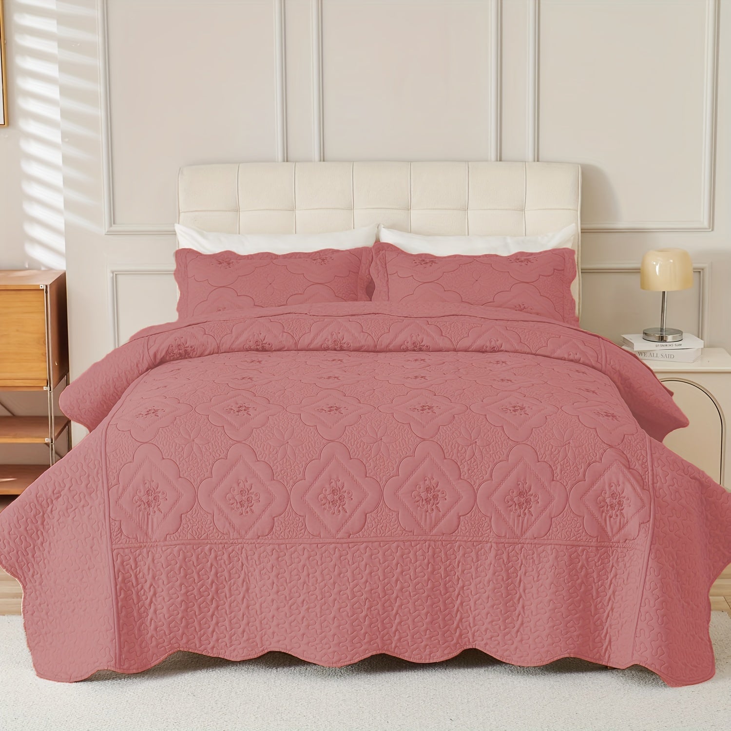 Quilt Set 3 Piece Floral Embroidery Bedspread - 100% Polyester Wrinkle Resistant Lightweight Quilted Coverlet with 2 Pillow Shams for Full Queen King Bed, Elegant Bedroom Decor in 19 Colors