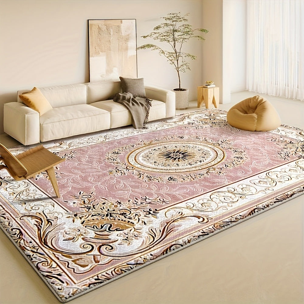 Luxury Velvet Area Rug 852 GSM Machine Washable Low-Pile Floral Checkered Non-Slip Polyester Carpet for Bedroom Living Room Dining Room Office Vintage Elegant Home Decor