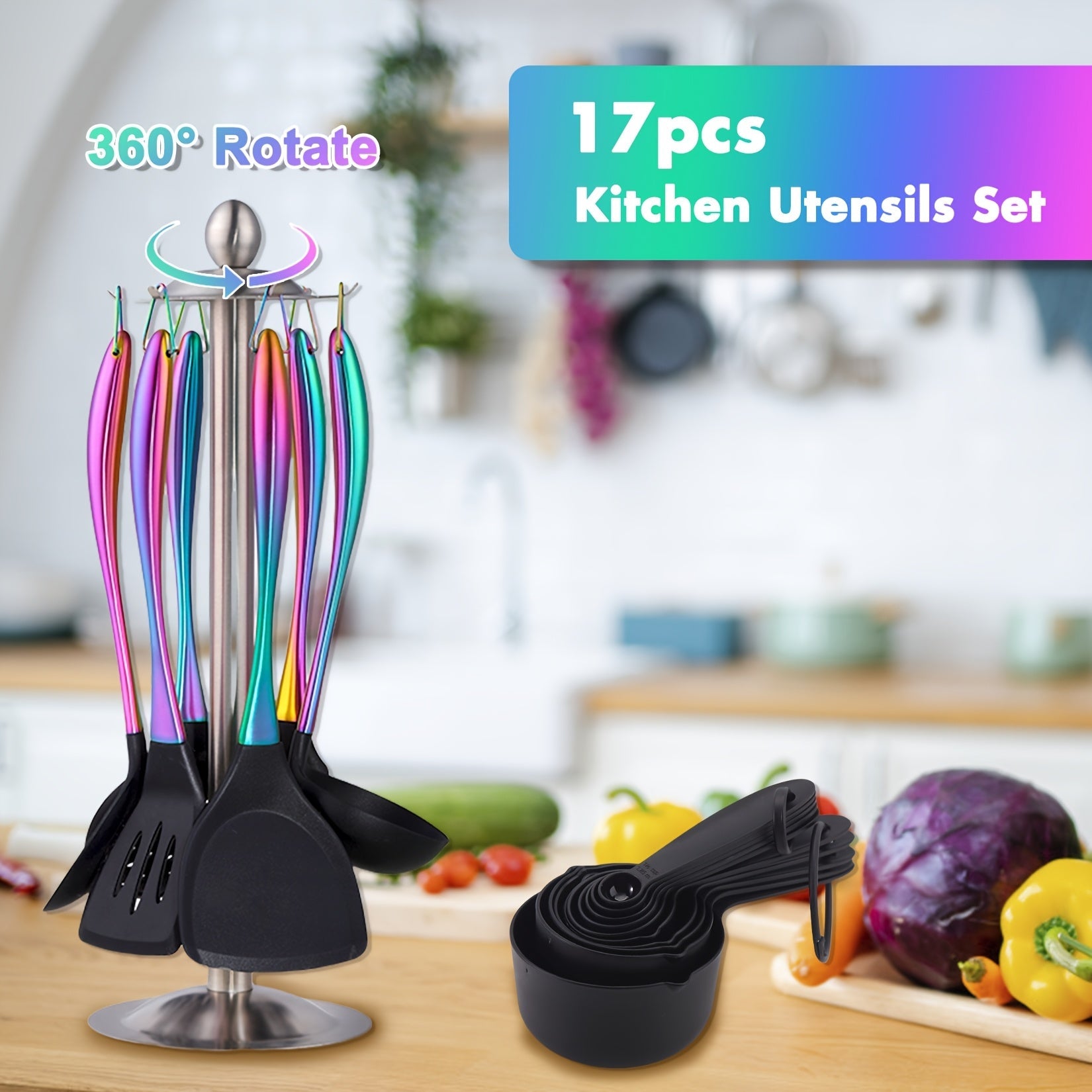 Silicone Cooking Utensils Set 17 Piece Rainbow Titanium with Rotating Holder - Heat Resistant Non-Stick Spatulas, Ladle, Skimmer, Turner & Measuring Cups and Spoons with Stainless Steel Handles