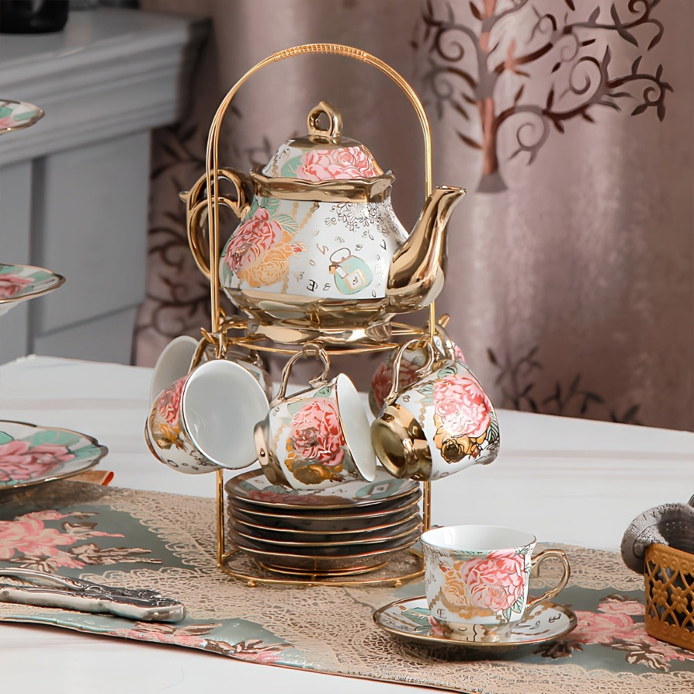 Floral Ceramic Tea Set 20 Pcs ¨C European Porcelain Tea Cups & Saucers with Metal Holder & 15 Oz Teapot ¨C Luxury Arabic Coffee Cup Set for Espresso, Cappuccino & Afternoon Tea ¨C Elegant Gift