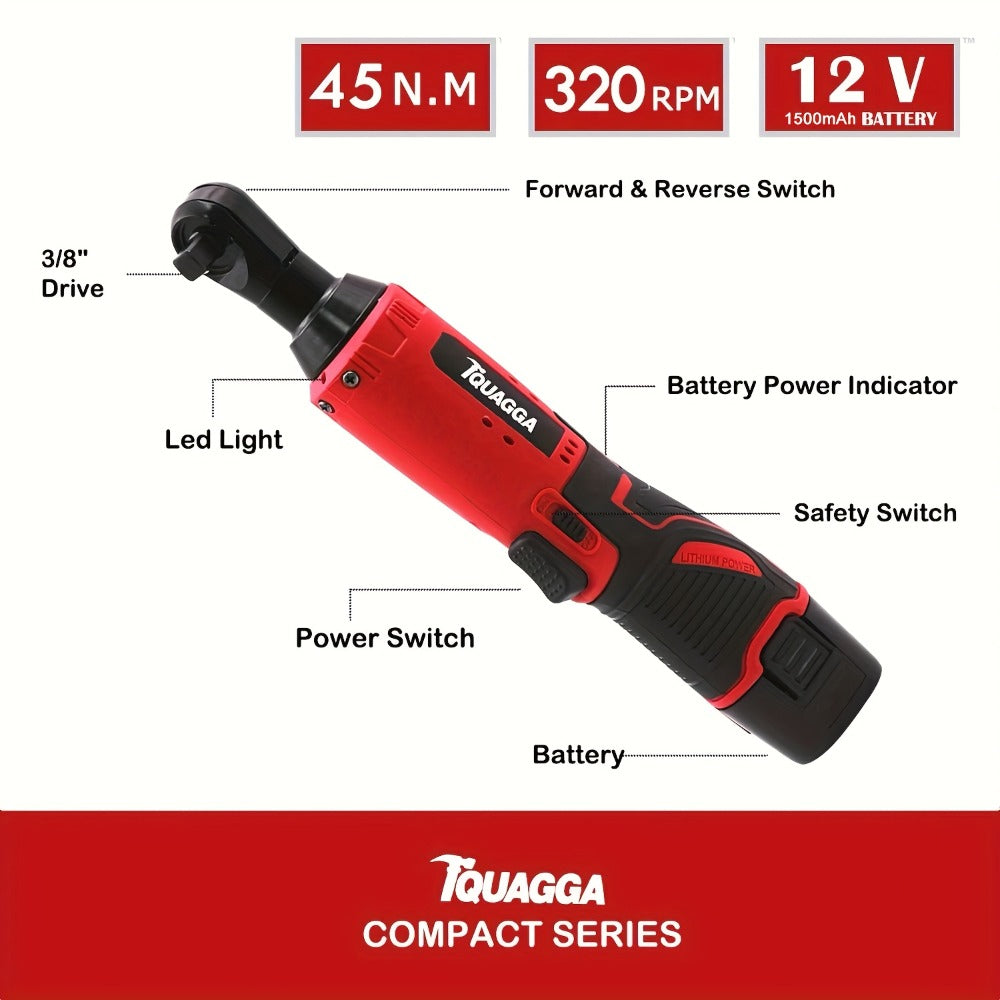 Cordless Electric Wrench QUAGGA 12V - 45Nm High Torque 3/8¡± Rechargeable Ratchet Wrench with Battery & Charger for Automotive Repair, Stage Truss & Home Improvement, Best Family Gift Tool